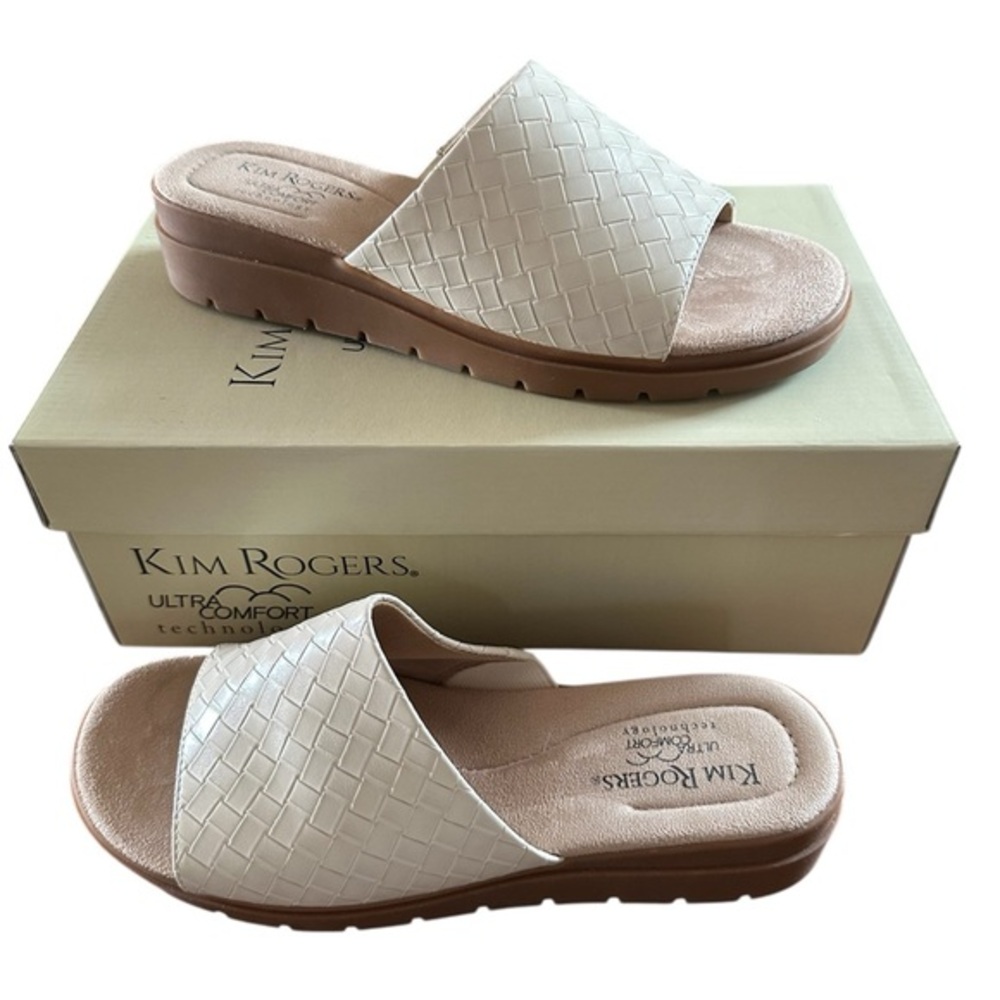 Kim Rogers Ivory Woven Slide Mules with Tan Sole size 8.5 medium sandals in box